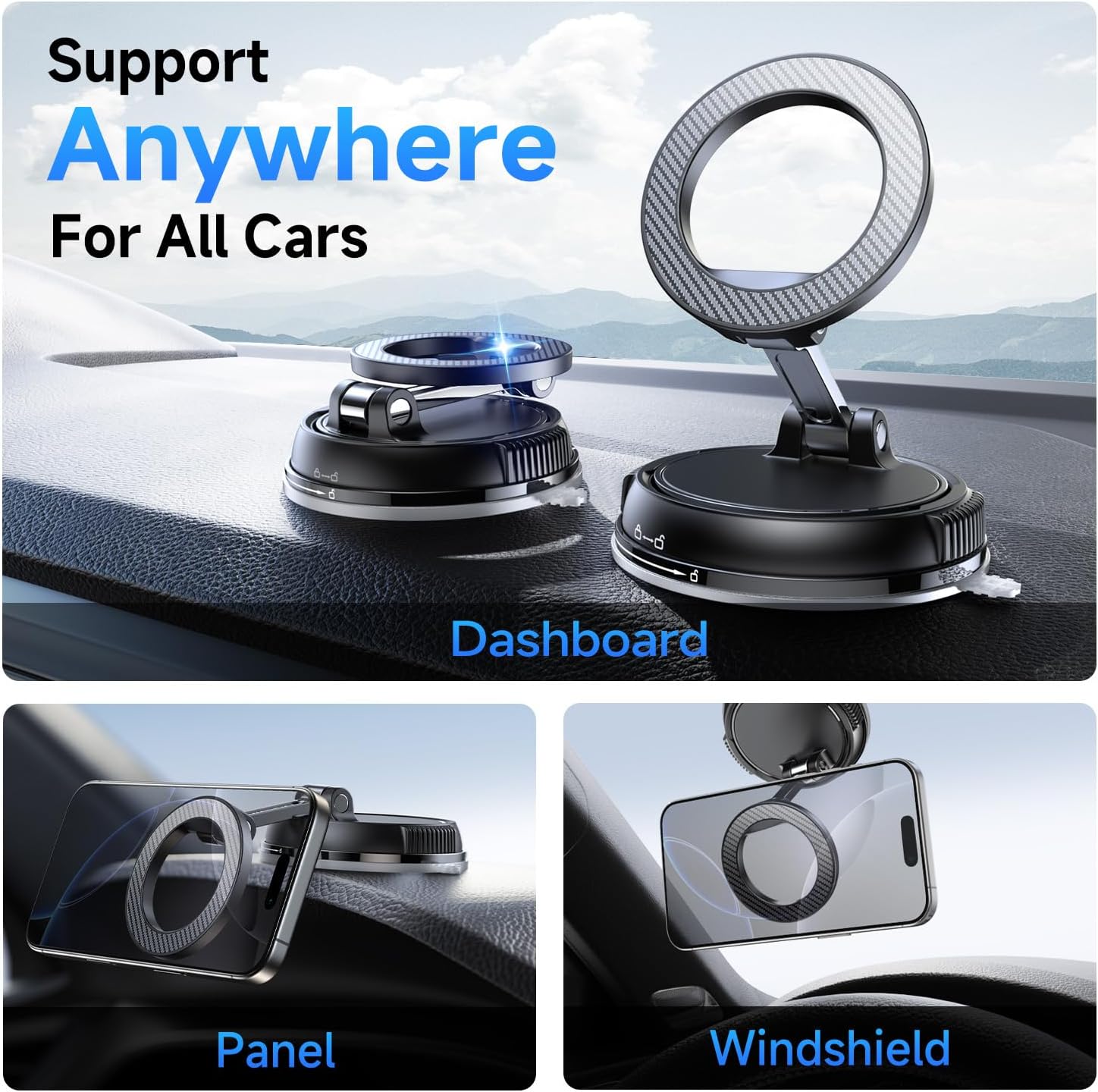 Car Phone Holder for Magsafe [78+LBS Strongest Suction & 2400gf Strongest Magnetic] 360° Adjustable Car Phone Mount, Phone Holders for Your Car for iPhone 17-12 Pro Max Air Plus (Carbon Fiber)